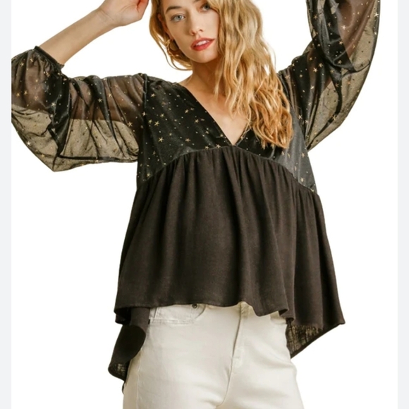 UMGEE Peasant Blouse Ballon Sheer Sleeve Plunge Neck Casual Top Gold Accent Sz M - Picture 6 of 12